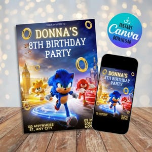 Pode incluir: Um convite para festa de aniversário com Sonic the Hedgehog e amigos. O convite inclui o texto "8º Aniversário de Donna" e detalhes do evento. Um smartphone exibe o mesmo design. O convite está disponível para download instantâneo.