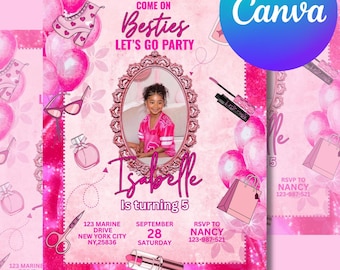 Pink Fashion Doll Girl's Birthday Party Invitation: Editable Canva Template (Digital Download)