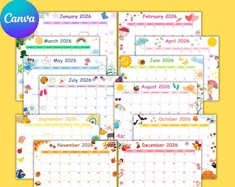 Calendário Mensal Editável de 2026 | Planejador Infantil Fofo para Imprimir | Organizador para Casa, Trabalho e Escritório | PDF Editável | Download Instantâneo