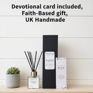 Puede incluir: Un conjunto decorativo que presenta un difusor de vidrio con varillas negras, una caja negra y una tarjeta. El difusor tiene una tapa dorada y una etiqueta que dice "PEACE". También hay una pequeña suculenta en una maceta gris.