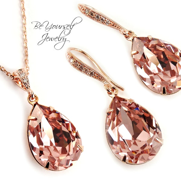 Blush Bridal Earrings Soft Pink Teardrop Bride Necklace Pastel Rose Gold Wedding Jewelry Swarovski Crystal Vintage Rose Bridesmaid Gift CZ