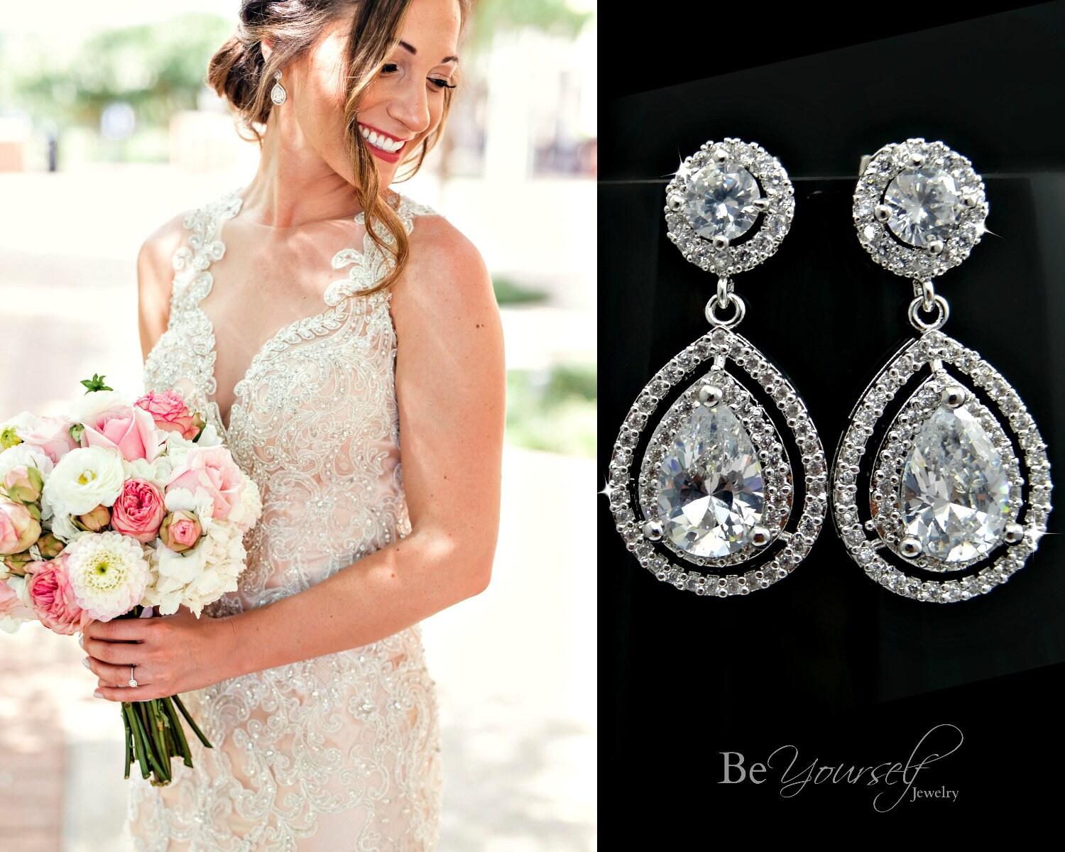 White Crystal Bridal Earrings Teardrop Bride Earrings Cubic | Etsy