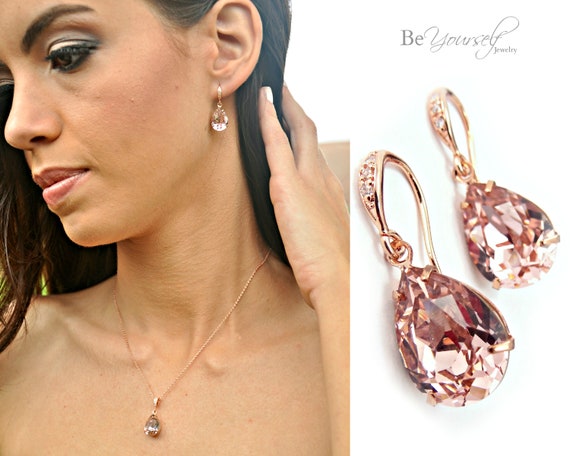 Crystal EarringsLong Chain EarringsPeach Pink Earrings