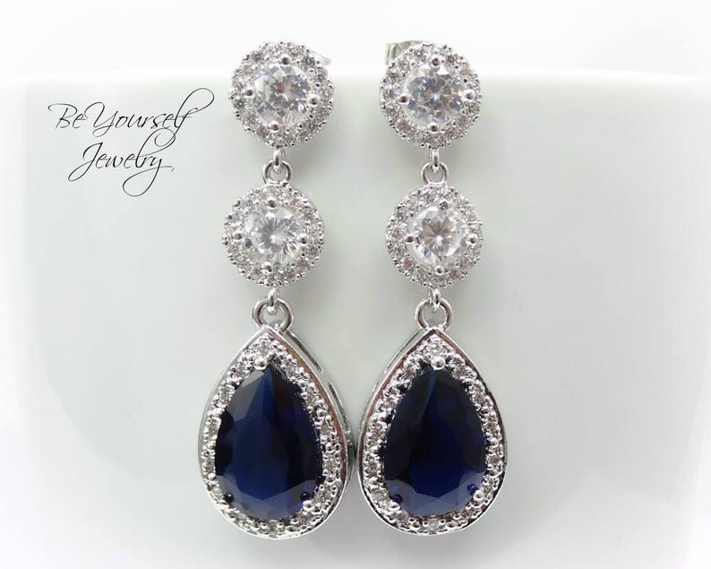 Sapphire Bridal Earrings Navy Blue Teardrop Bride Earrings Etsy