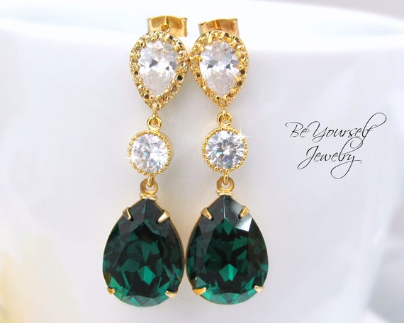 Emerald Bridal Earrings Dark Green Bride Earrings Wedding | Etsy