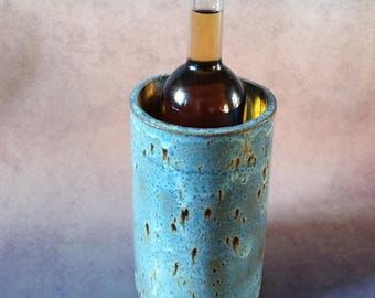 Refrigeratore per bottiglie di vino in ceramica fatto a mano, secchiello per vino in gres artigianale, vaso rustico per fiori, portautensili blu turchese