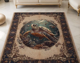 Sea Turtle Ocean-Themed Rectangular Digital Printed Rug | Marine Life Cotton-Based Carpet | Washable Non-Slip Coastal Home Decor Rug