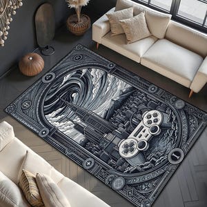 May include: A rectangular rug with a video game controller design in grey and white. The rug features a cityscape and a controller graphic, suitable for a living room or games room. The rug is placed on a dark wood floor.