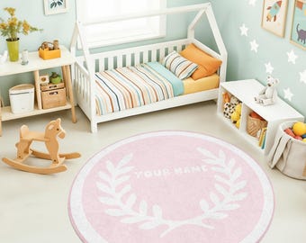 Soft Pink Leaf Wreath Nursery Rug | Personalized Name Round Kids Rug | Washable Baby Room Carpet | Minimal Girls Nursery Decor
