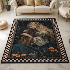 May include: Rectangular rug with a detailed image of a woman playing a stringed instrument. The rug has a black border with a chequered pattern and a floral design. The woman wears a blue dress and has long blonde hair.