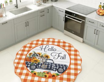 Hello Fall Pumpkin Themed Round Kitchen Rug | Decorative Wavy Edged Mat | Autumn Decor | Cozy Seasonal Home Accent
