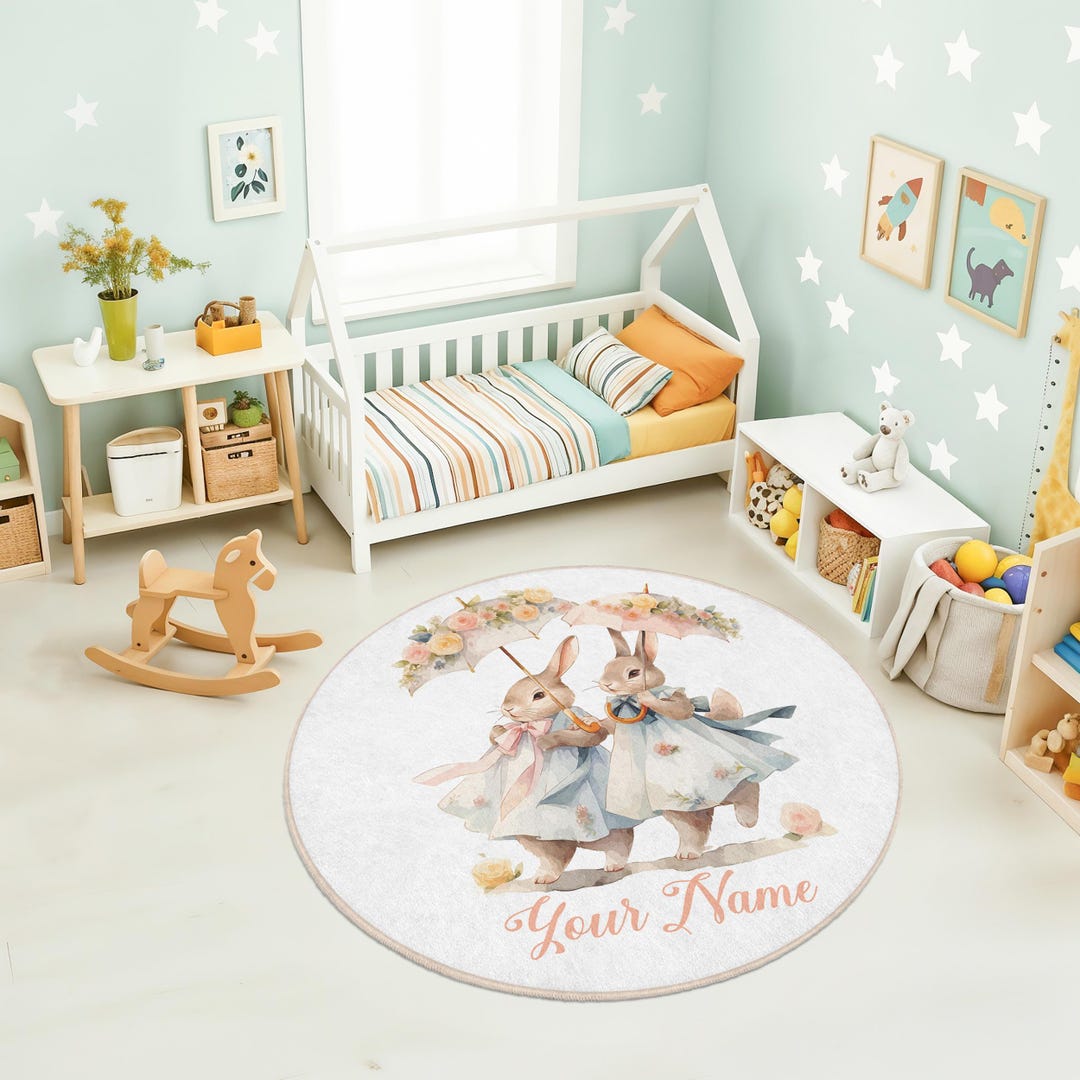 Pink Rabbit Play Mat Floral Bunny Umbrella Nursery Rug | Personalized Name Round Kids Rug ...