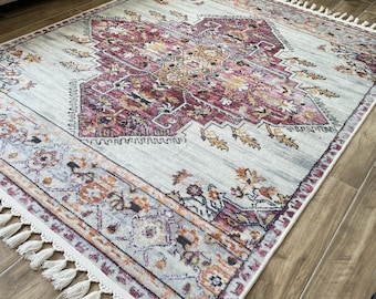 Vintage Medallion Floral Digital Printed Rectangular Rug | Bohemian Oriental Chenille Carpet | Washable Non Slip Pink Beige Area Rug