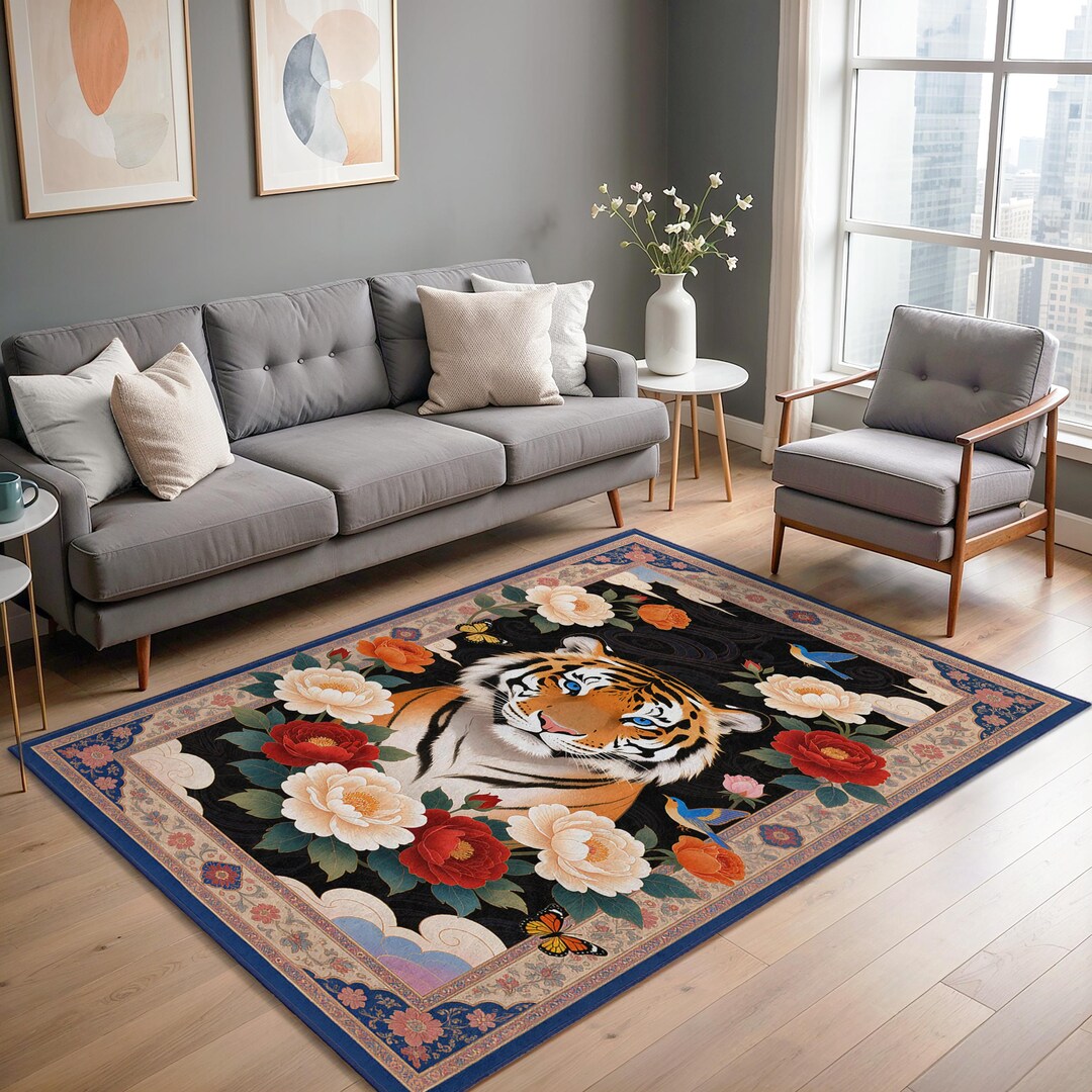 Lounge Rug Design Pattern Tiger Floral Oriental Pattern Rectangular Rug With Decorative Border ...