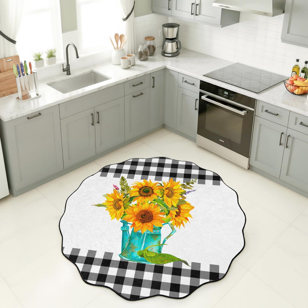 Sunflower and Checkered Pattern Round Kitchen Rug | Decorative Curved ...