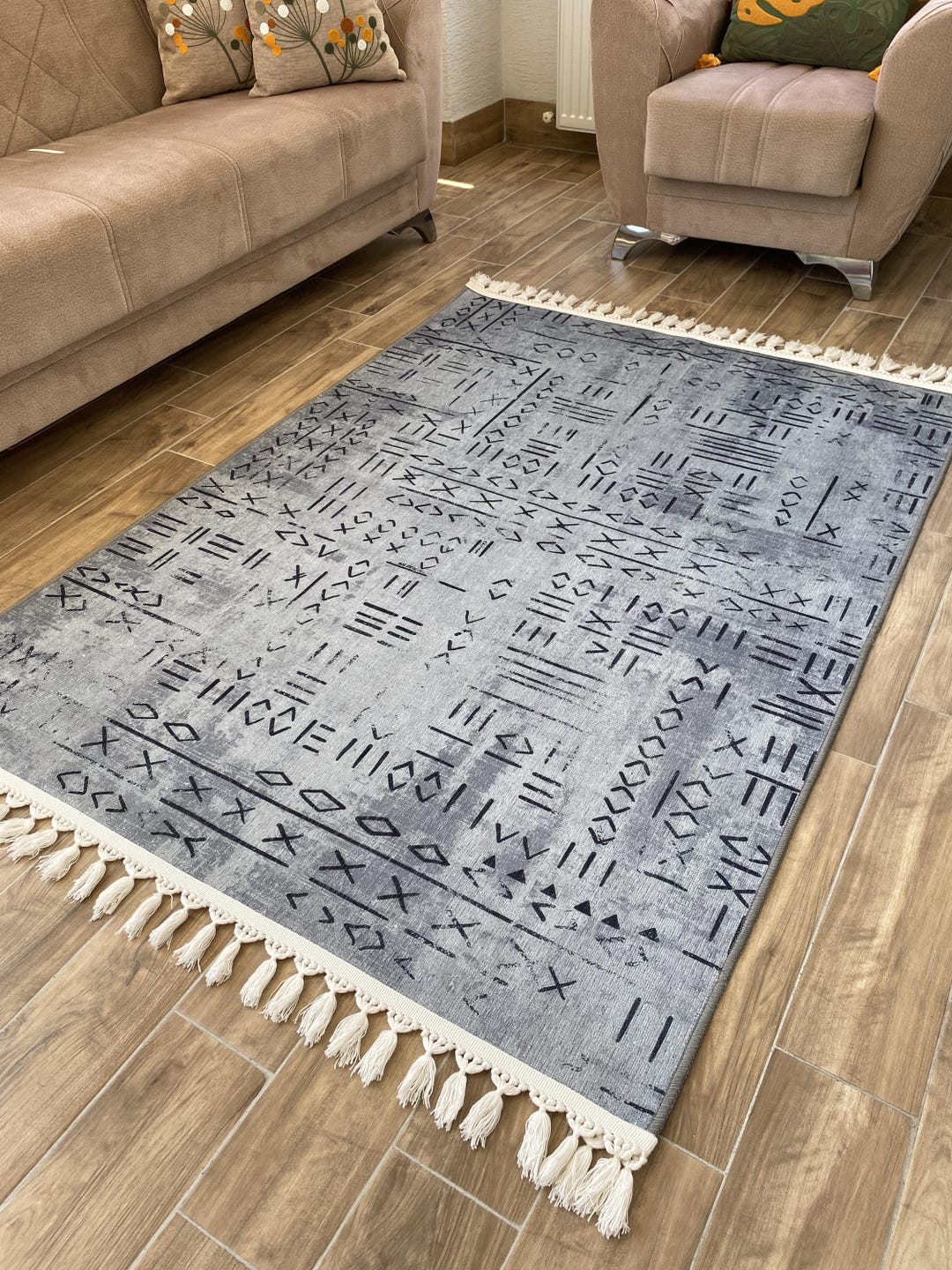Modern Tribal Mudcloth Digital Printed Rectangular Rug | Minimalist ...