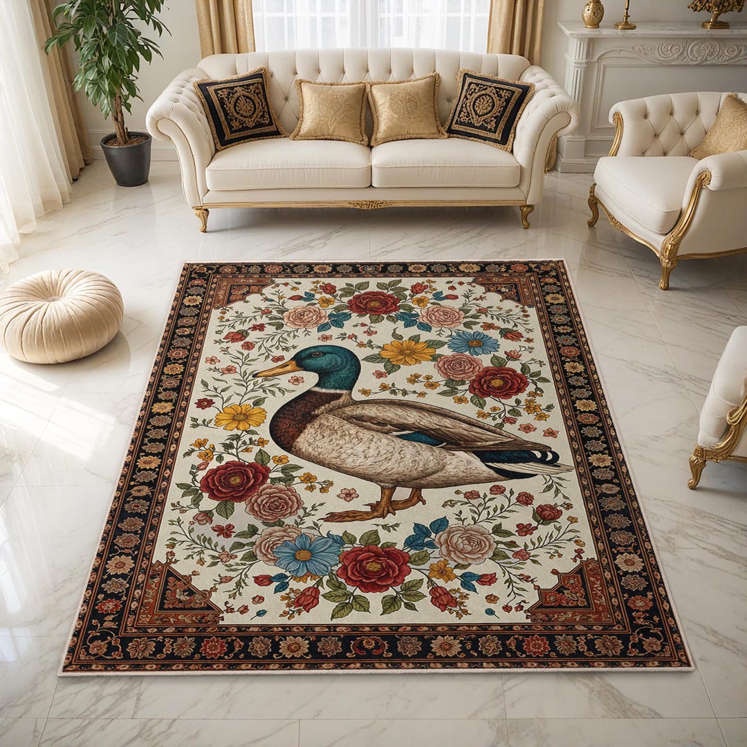 Floral Duck Design Rectangle Rug | Vintage Inspired Decorative Carpet ...