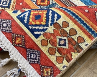 Colorful Kilim Striped Rectangular Rug | Tribal Bohemian Digital Printed Chenille Carpet | Washable Non-Slip Ethnic Area Rug