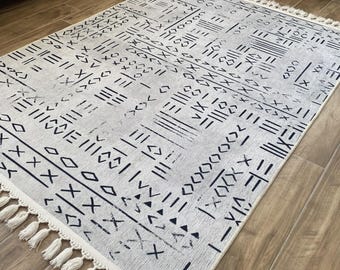 Modern Tribal Mudcloth Digital Printed Rectangular Rug | Black and White Minimalist Chenille Carpet | Washable Non-Slip Area Rug