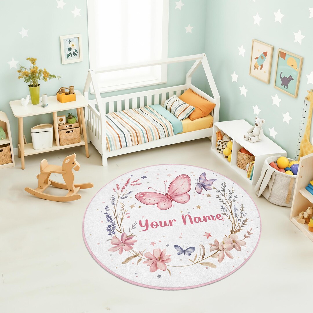 Butterfly Floral Wreath Name Rug | Personalized Round Kids Rug ...