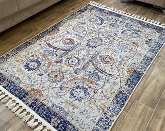 Vintage Floral Persian Digital Printed Rectangular Chenille Rug | Elegant Blue Beige Washable Non-Slip Carpet | Distressed Oriental Area Rug