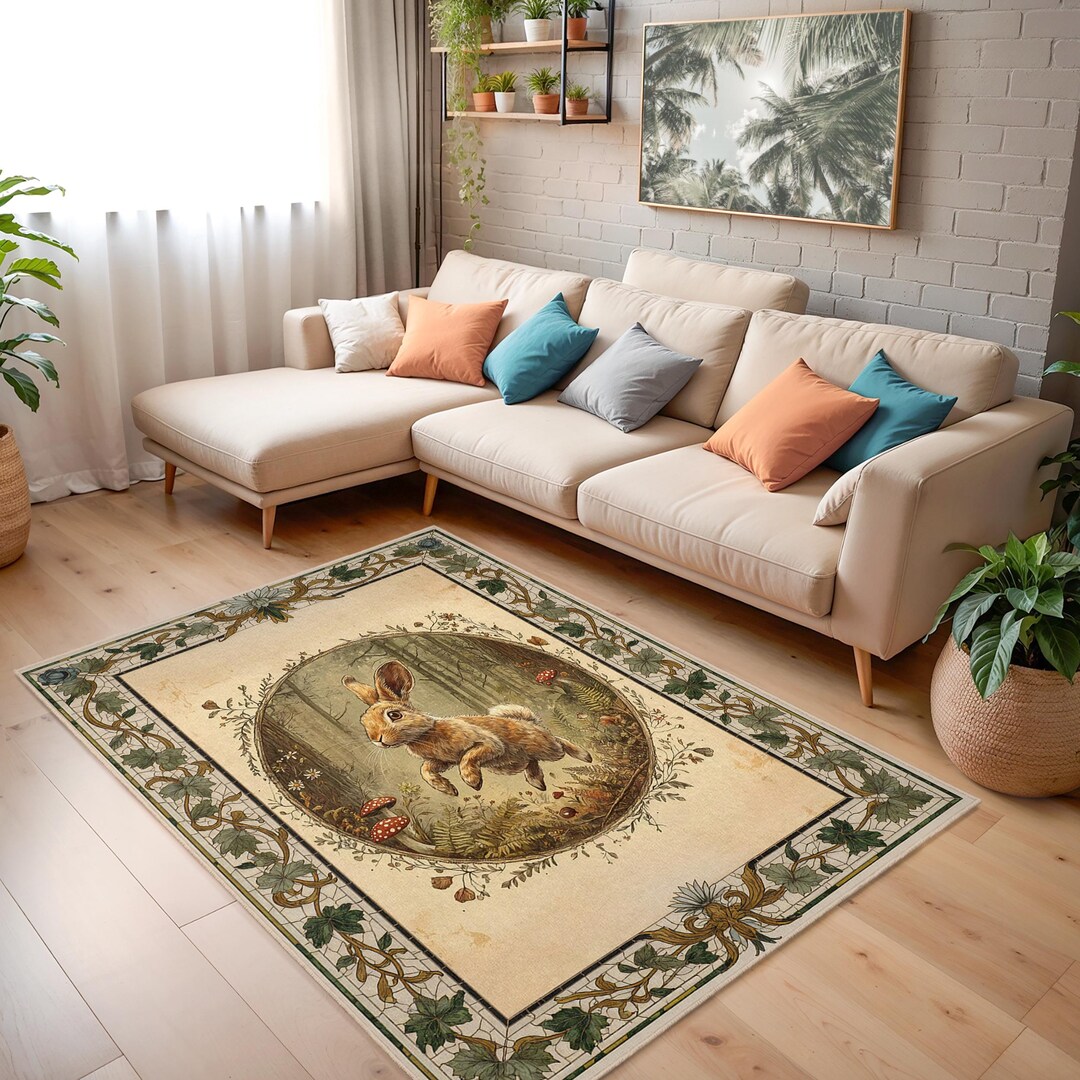 Vintage Forest Rabbit Rectangular Digital Printed Rug | Botanical ...