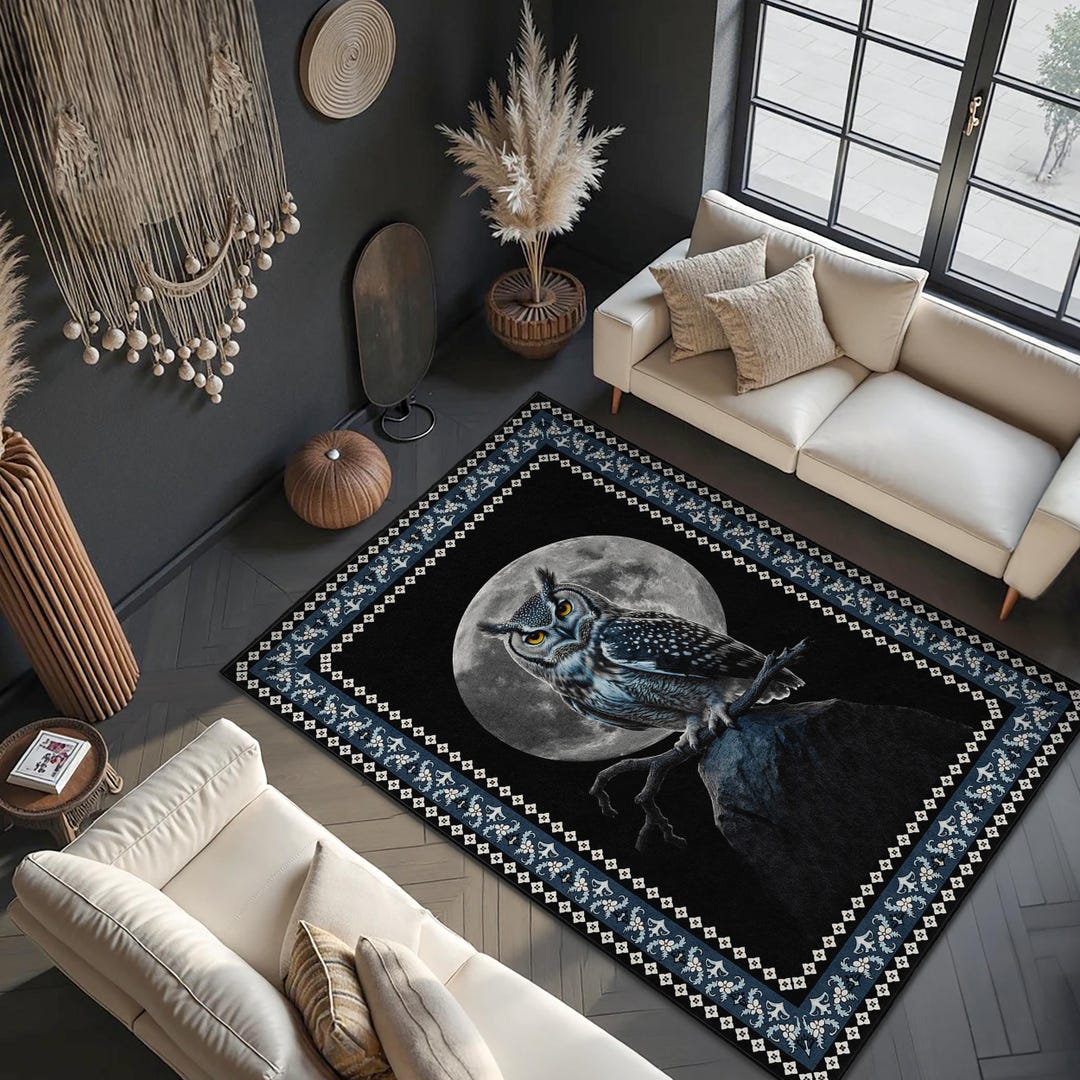 Moonpig Rug Moonlight Owl Rectangular Digital Printed Rug | Mystical Night Bird ...