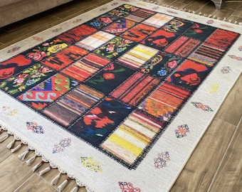 Tapete retangular vintage com patchwork colorido e estampa digital | Tapete boho multicolorido de chenille | Tapete lavável e antiderrapante para sala de estar