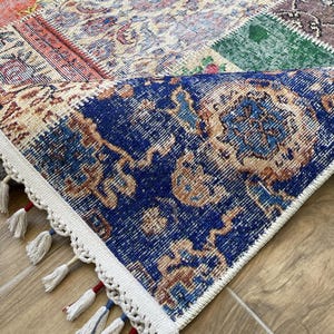 Färgglad digitaltryckt rektangulär matta med vintageblommor och lapptäcke | Boho Chenille-matta | Tvättbar halkfri matta i antik stil