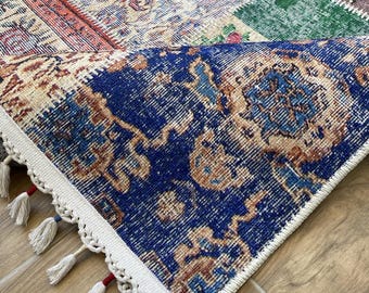 Tapete retangular com estampa digital e patchwork floral vintage colorido | Tapete Boho Chenille | Tapete lavável antiderrapante estilo antigo