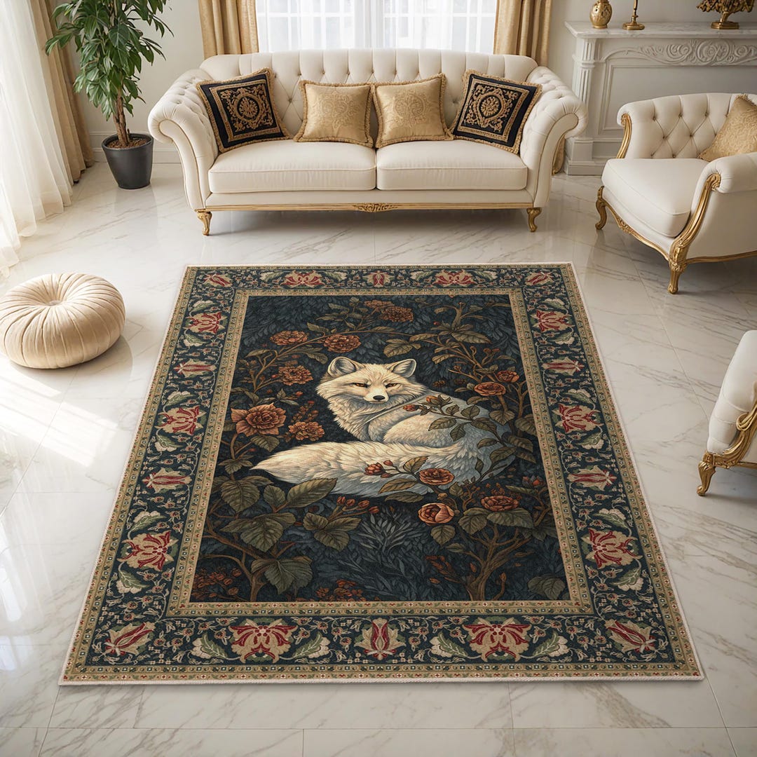 White Fox Forest Rectangular Digital Printed Rug | Floral Vintage ...