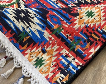 Südwestlichen Azteken-Muster Rechteckiger Teppich | Vintage Tribal Digital Bedruckter Chenille Teppich | Boho waschbarer rutschfester Teppich