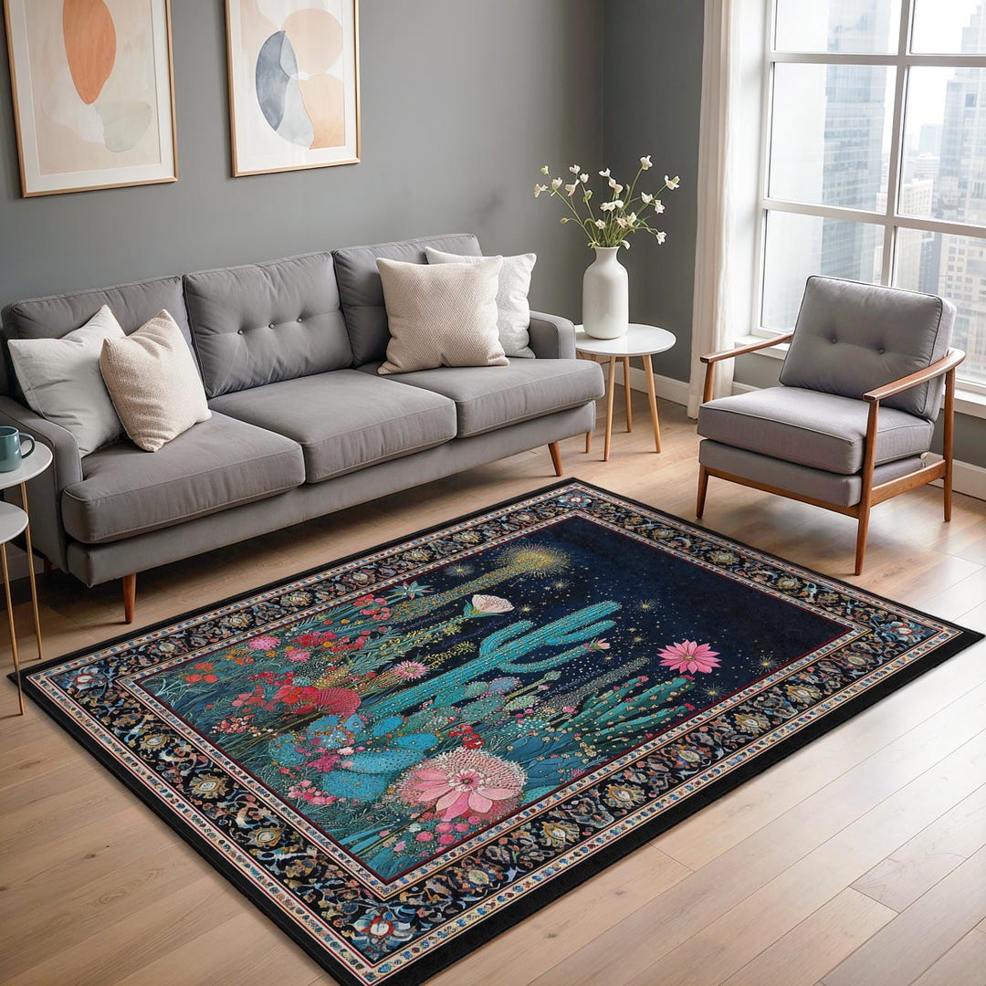 Bohemian Desert Cactus Rectangular Digital Printed Rug | Floral Night ...