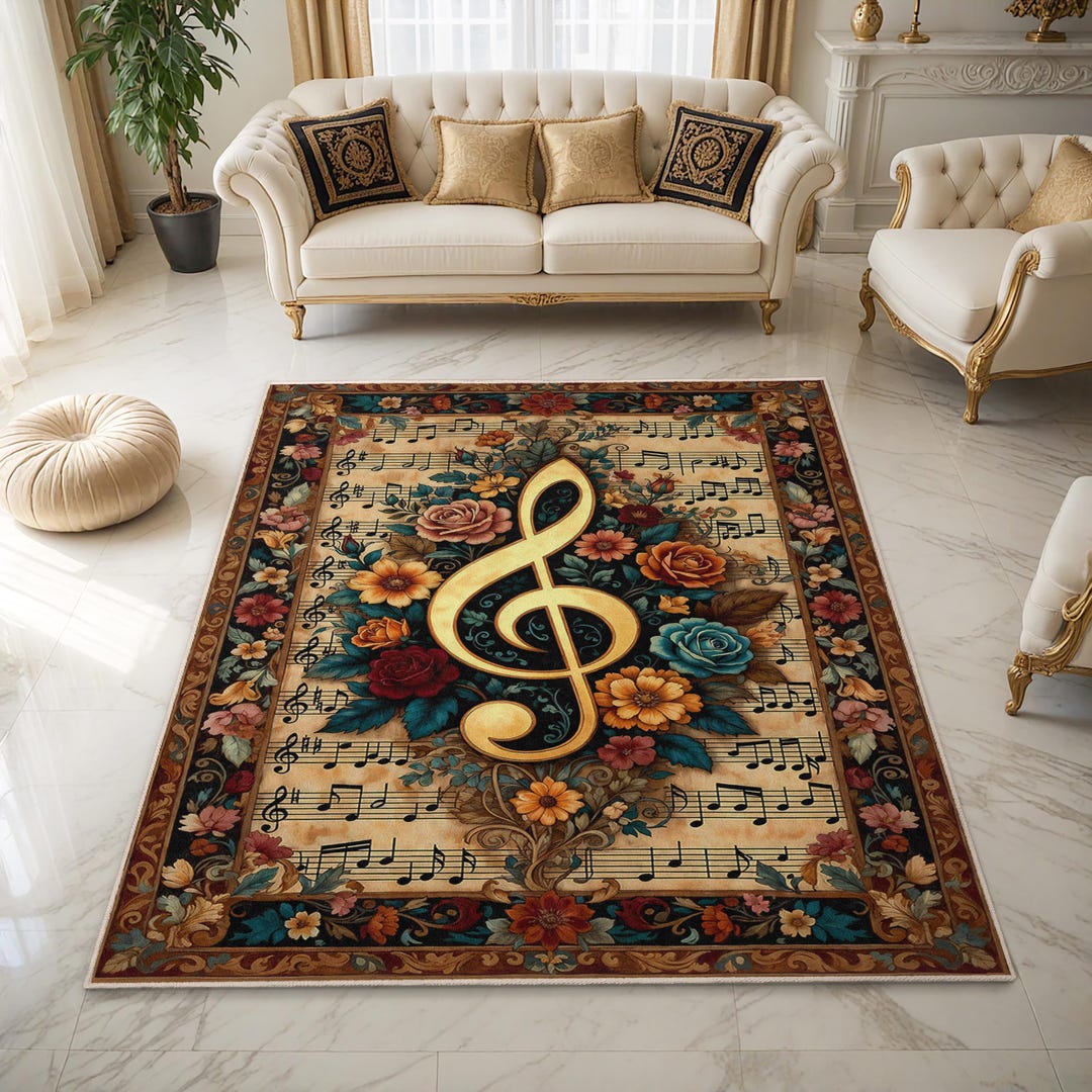 Musical Notes & Floral Design Rectangle Rug | Elegant Border Carpet for ...