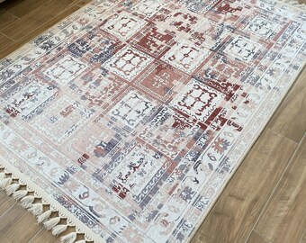Vintage Patchwork Digital Printed Rectangular Chenille Rug | Rustic Terracotta Gray Washable Non-Slip Carpet | Antique Style Area Rug