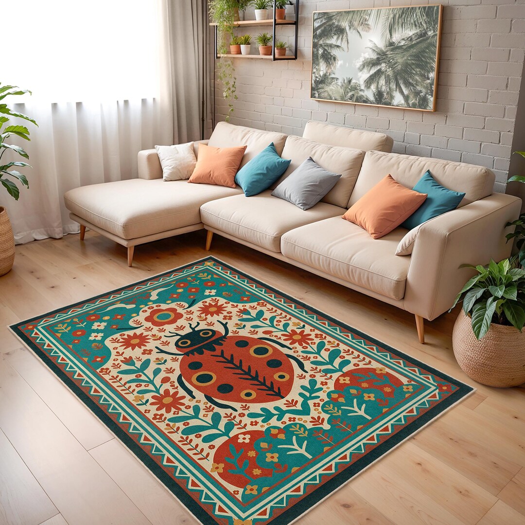 Colorful Ladybug Pattern Rectangular Rug | Boho Floral Design Carpet ...