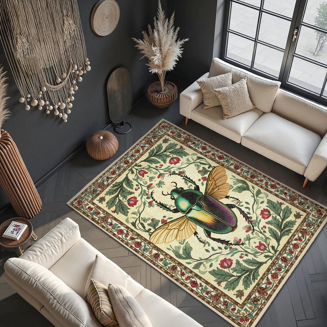Vintage-inspired Beetle Print Rectangular Rug | Floral Border Area ...