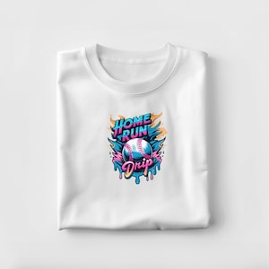 May include: White t-shirt with a colorful graphic design. The design features a baseball with the words "Home Run Drip" in a stylized font. The baseball is surrounded by flames and dripping paint.