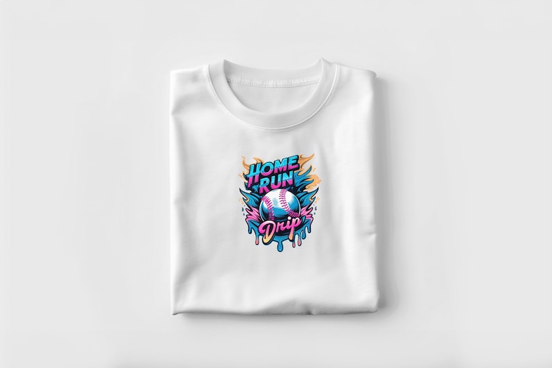 May include: White t-shirt with a colorful graphic design. The design features a baseball with the words "Home Run Drip" in a stylized font. The baseball is surrounded by flames and dripping paint.