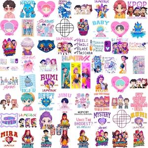 May include: A collection of colorful stickers featuring K-pop-themed illustrations. Designs include cartoon characters, hearts, and text such as "Mystery," "Baby," and "Demon Hunters." The stickers vary in size and shape, with a mix of vibrant colors.