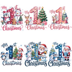 May include: A collection of watercolor designs featuring the text "My 1st Christmas." Each design includes a large number "1" decorated with Christmas elements like penguins, snowmen, Santa, and Christmas trees. The designs are in shades of red and blue.
