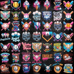 May include: A collection of baseball-themed graphic designs with the text "Respect the Drip," "Swing for the Fences," and "Crush It!" Designs include baseballs, bats, gloves, and ice cream cones, in vibrant colors like pink, blue, and yellow. The designs are set against a black background.