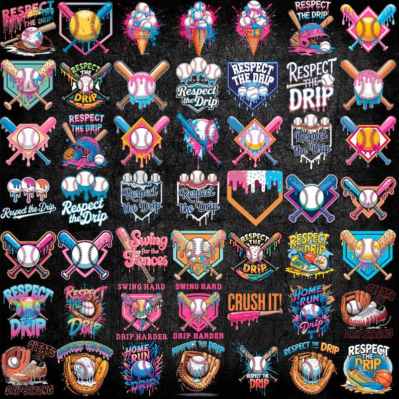May include: A collection of baseball-themed graphic designs with the text "Respect the Drip," "Swing for the Fences," and "Crush It!" Designs include baseballs, bats, gloves, and ice cream cones, in vibrant colors like pink, blue, and yellow. The designs are set against a black background.