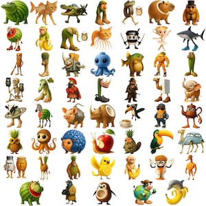 May include: A collection of whimsical cartoon animal characters, each with unique features and accessories. The illustrations include a watermelon, cat, crocodile, and more, all with human-like qualities and expressions. The vibrant colors and creative designs make this a fun and imaginative collection.