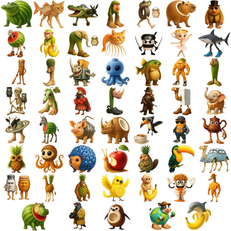 May include: A collection of whimsical cartoon animal characters, each with unique features and accessories. The illustrations include a watermelon, cat, crocodile, and more, all with human-like qualities and expressions. The vibrant colors and creative designs make this a fun and imaginative collection.
