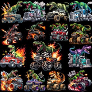 Puede incluir: Una colección de camiones monstruo y semirremolques coloridos, cada uno adornado con un feroz dinosaurio. Los camiones están representados con llamas, humo y banderas de carreras sobre un fondo negro. Los dinosaurios están en varias poses.