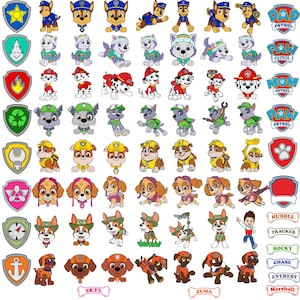 Puede incluir: Una colección de imágenes de dibujos animados coloridos con los personajes de la serie animada Paw Patrol. Las imágenes incluyen varios perros con uniformes y distintivos, junto con el logotipo de Paw Patrol y los nombres de los personajes.