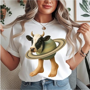 May include: White t-shirt featuring a whimsical graphic of a cow's head and horns emerging from a planet with rings, with human feet. The cow has black and white markings. The planet is green and tan.