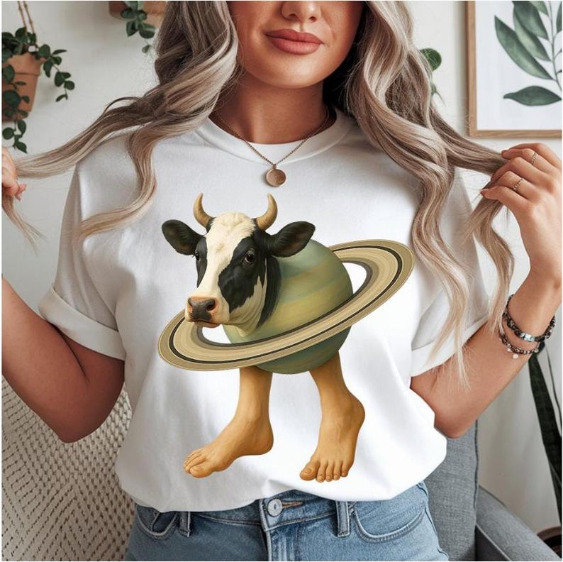 May include: White t-shirt featuring a whimsical graphic of a cow's head and horns emerging from a planet with rings, with human feet. The cow has black and white markings. The planet is green and tan.