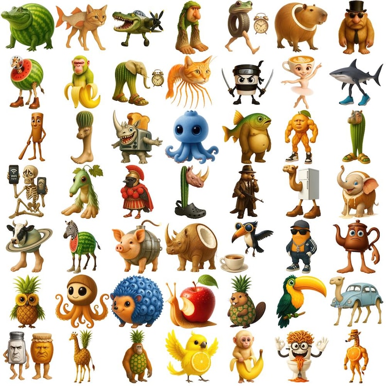 May include: A collection of whimsical cartoon characters, each a unique anthropomorphic animal or object. The illustrations feature vibrant colors and playful designs, including a watermelon with legs, a ninja sushi roll, and a toucan with sunglasses.